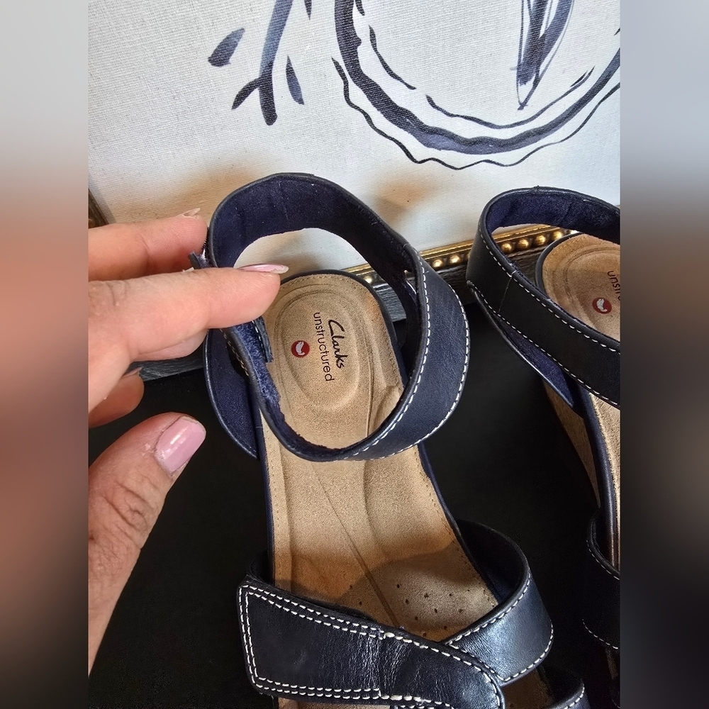 Clarks Women's Unstructured Slingback Capri Strap Wedge Navy Sandals 8 - Picture 5 of 8